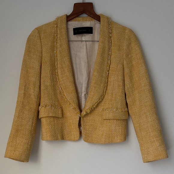 Zara Yellow White Boulce Tweed Long Sleeved Blazer - Picture 1 of 11
